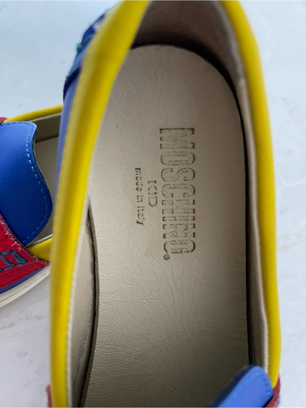 MOSCHINO KIDS Blue, Red & Yellow Leather Penny Loafers - EUC - EU29/US11.5 KIDS - Picture 7 of 12